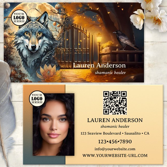 Vollmond Wolf Logo QR Code Shaman Visitenkarte (Business card featuring an artistic design with a wolf at full moon with a gate and raven - shaman)