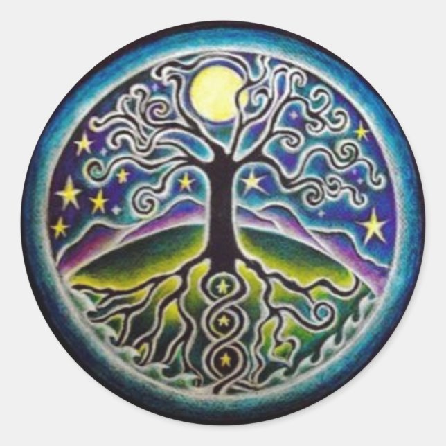 Vollmondbaum des Lebens Starry Night Mandala Stick Runder Aufkleber (Vorderseite)
