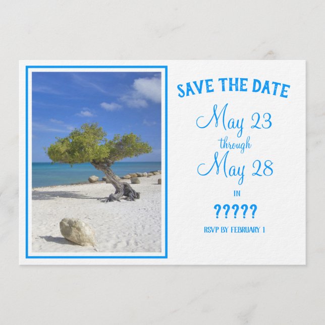 Vollständig bearbeitbares Save the Date Aruba Divi Einladung (Vorderseite)