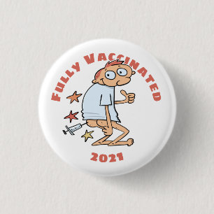 Vollständig geimpfter, sonniger Cartoon mit Sprit Button