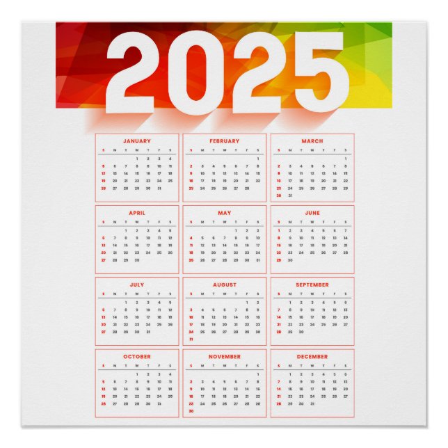 Vollständiger, minimaler vertikaler Kalender 2025 Poster (Vorderseite)
