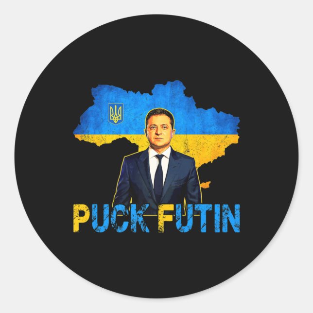 Volodymyr Zelensky Puck Futin Meme I Stand with UK Runder Aufkleber (Vorderseite)