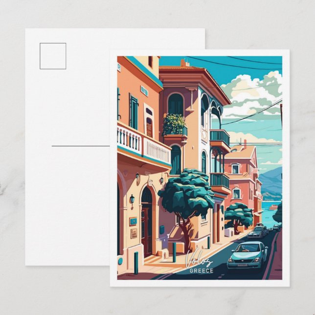 Volos Griechenland Reisen Vintage Illustration Postkarte (Vorne/Hinten)