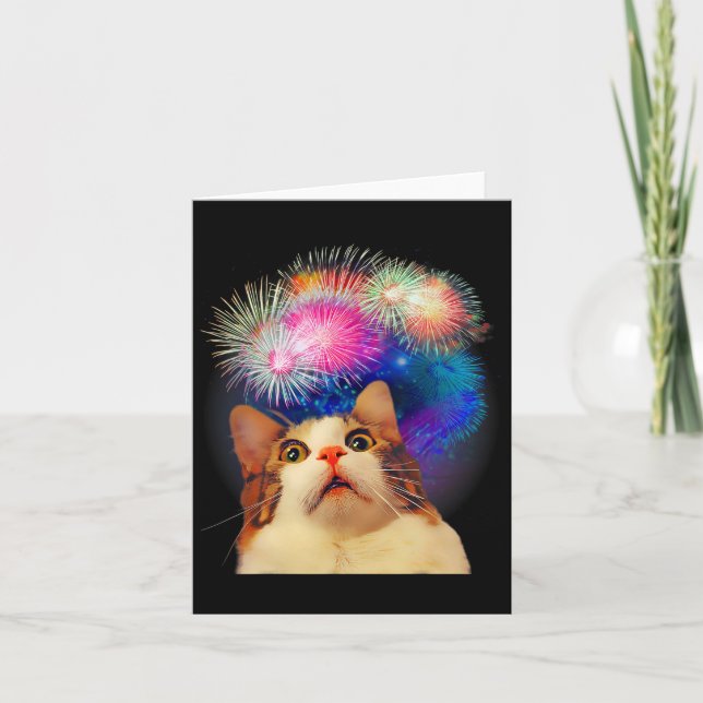 vom Juli Feuerwerk begeisterte Katze Karte (Vorderseite)