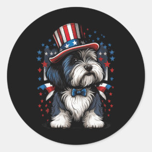 vom Juli: Patriotic Bearded Collie Dos Us Flag Runder Aufkleber