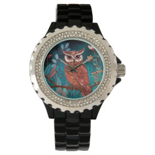Vom Künstler handillustrierte Eule – Boho Natur Armbanduhr