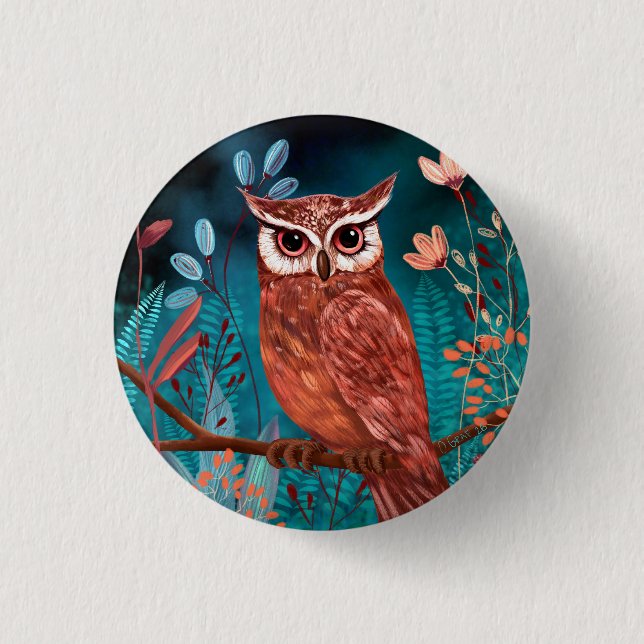 Vom Künstler handillustrierte Eule – Boho Natur Button (Vorderseite)