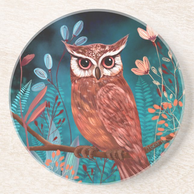 Vom Künstler handillustrierte Eule – Boho Natur Getränkeuntersetzer (Vorne)