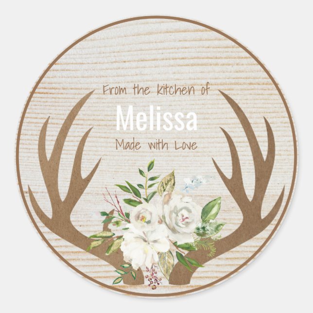 Von der Küche der Wood Boho Floral Antlers Runder Aufkleber (Vorderseite)
