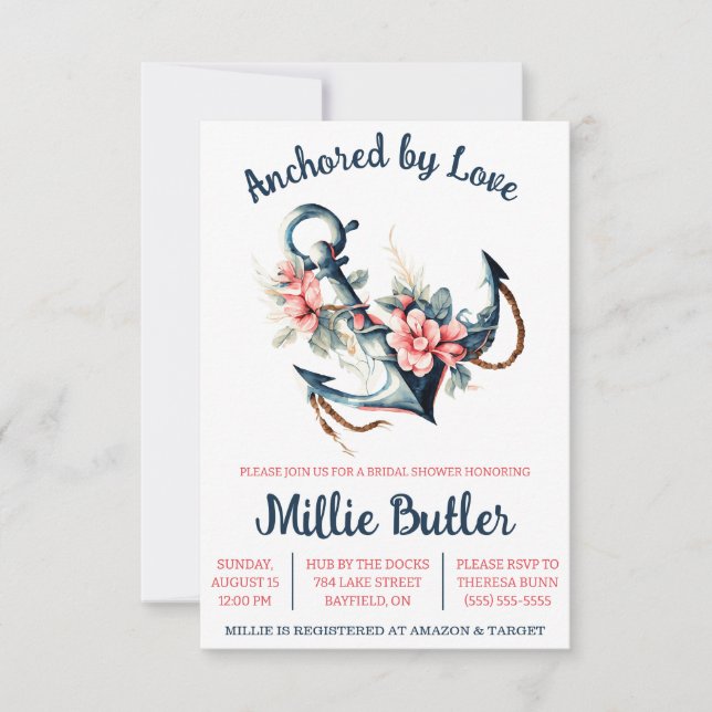 Von der Liebe verankert! Floral Boat Anchor Brautp Einladung (Vorderseite)