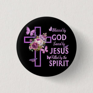 Von Gott Gerettet, gesegnet von Jesus Lila Blumenk Button
