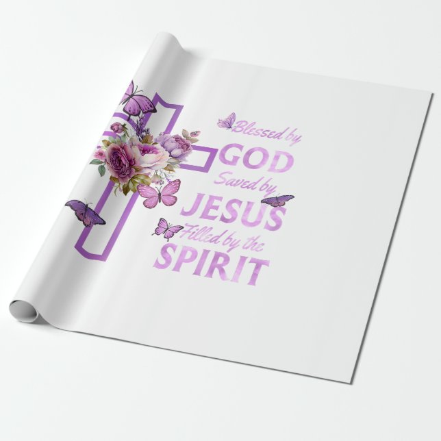 Von Gott Gerettet, gesegnet von Jesus Lila Blumenk Geschenkpapier (Ungerollt)