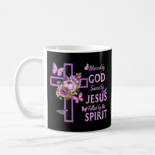 Von Gott Gerettet, gesegnet von Jesus Lila Blumenk Kaffeetasse