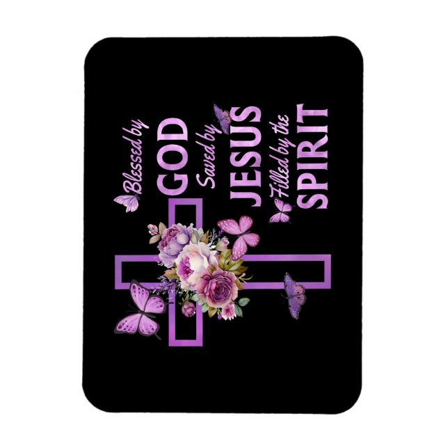 Von Gott Gerettet, gesegnet von Jesus Lila Blumenk Magnet (Vertikal)