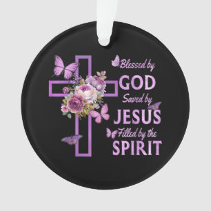 Von Gott Gerettet, gesegnet von Jesus Lila Blumenk Ornament