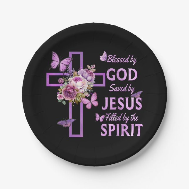 Von Gott Gerettet, gesegnet von Jesus Lila Blumenk Pappteller (Vorderseite)