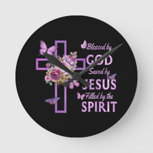 Von Gott Gerettet, gesegnet von Jesus Lila Blumenk Runde Wanduhr