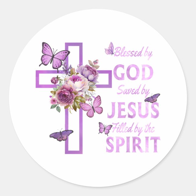 Von Gott Gerettet, gesegnet von Jesus Lila Blumenk Runder Aufkleber (Vorderseite)