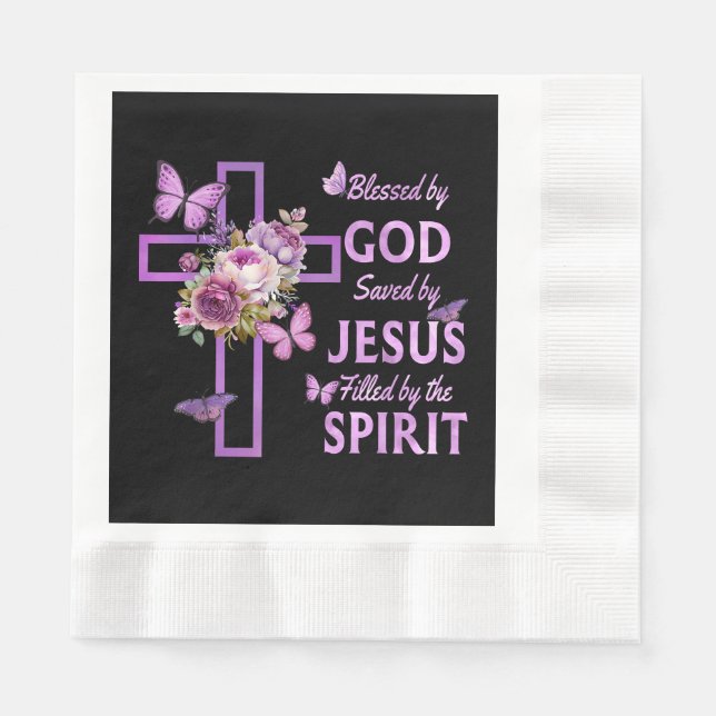 Von Gott Gerettet, gesegnet von Jesus Lila Blumenk Serviette (Vorderseite)