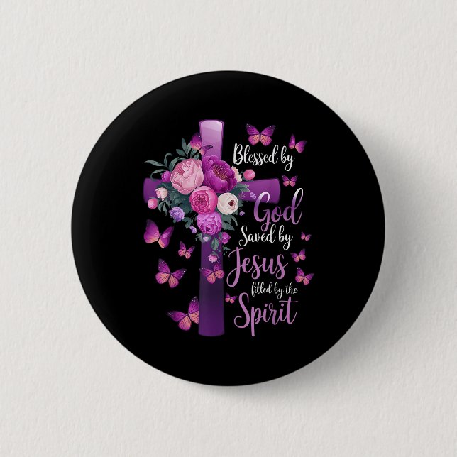 Von Gott Gerettet, Lila Blumenkreuz Button (Vorderseite)
