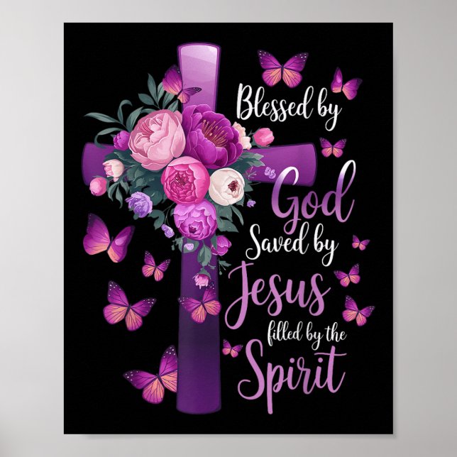 Von Gott Gerettet, Lila Blumenkreuz Poster (Vorne)