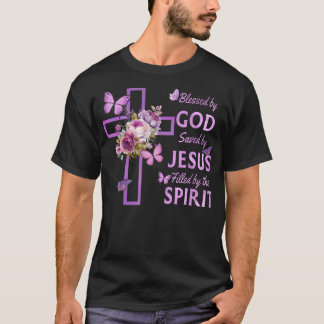 Von Gott Gerettet, Lila Blumenkreuz T-Shirt