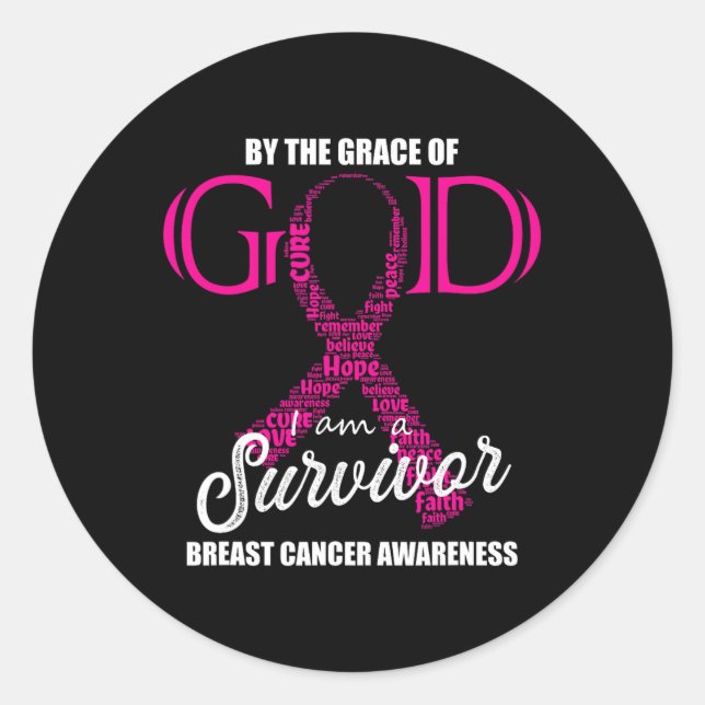Von Gottes Gnade bin ich ein Brustkrebsüberlebende Runder Aufkleber (Vorderseite)