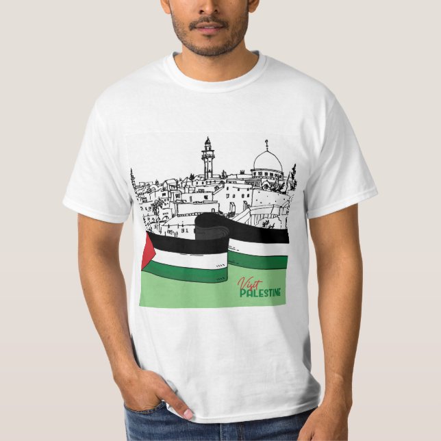 Von Hand gezeichnet Fahne Palästinas und alte Häus T-Shirt (Vorderseite)