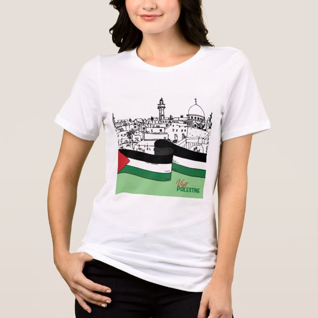 Von Hand gezeichnet Fahne Palästinas und alte Häus Tri-Blend Shirt (Vorderseite)