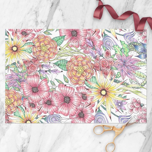 Von Hand Gezeichnet Rote Gelbe Blumen und Blätter Seidenpapier (Von Creator hochgeladen)