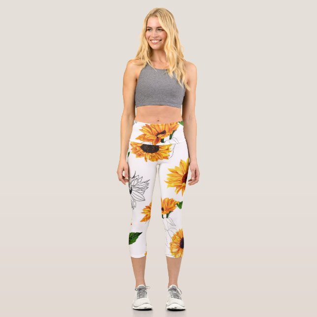 Von Hand gezeichnet Sonnenblumen: lebendiges gelbe Capri Leggings (Vorderseite)