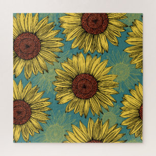 Von Hand Gezeichnet Sonnenblumen Minzblau