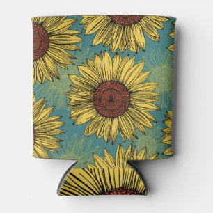 Von Hand Gezeichnet Sonnenblumen Minzblau Dosenkühler