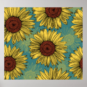 Von Hand Gezeichnet Sonnenblumen Minzblau Poster