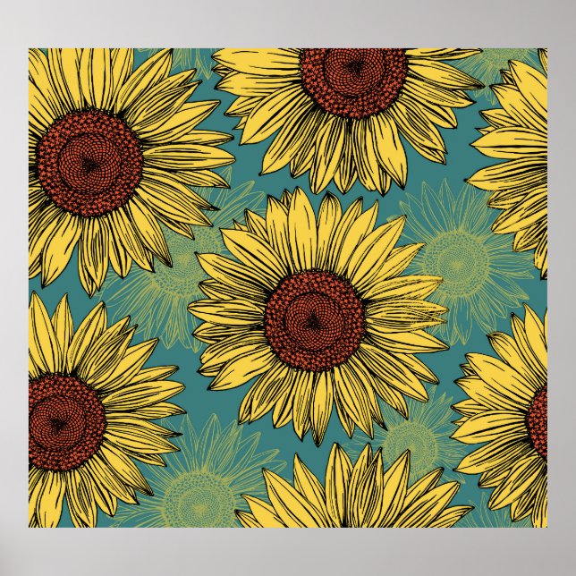 Von Hand Gezeichnet Sonnenblumen Minzblau Poster (Vorne)