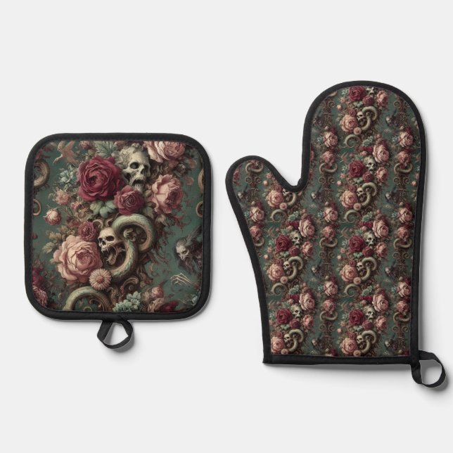 von Knochen und Wein - gotisch Viktorianisch Ofenhandschuh & Topflappen-Set (Vorderseite)