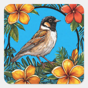 Von lebendigen Blume Gerahmter Vogel Quadratischer Aufkleber
