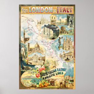 Von London nach Italien mit der Bahn Vintage Reise Poster