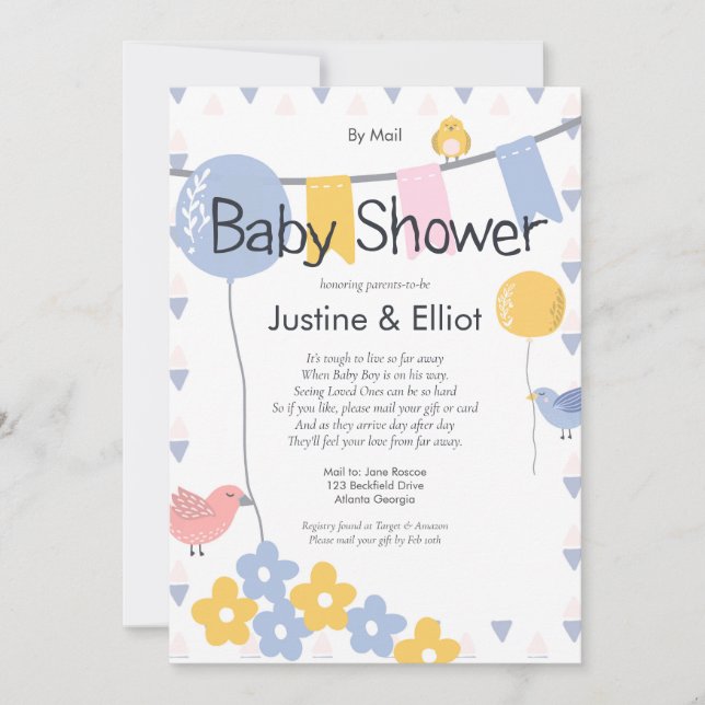 Von Mail Balloons und Birds Boy Baby Dusche Einladung (Vorderseite)