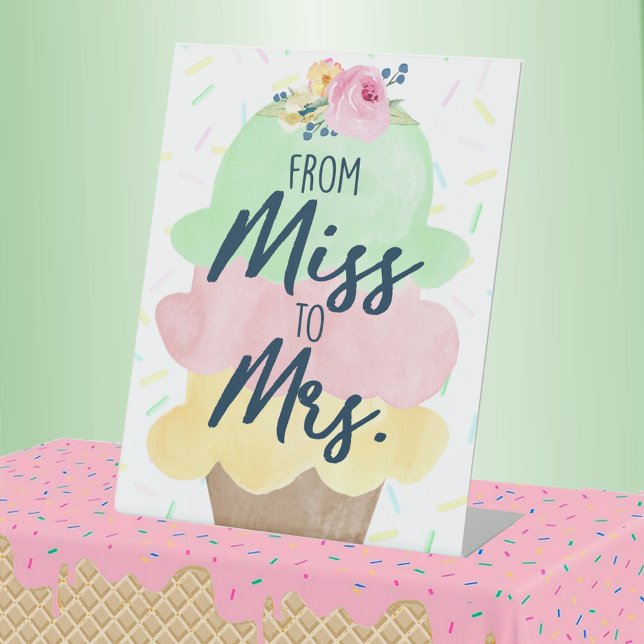 Von Miss zu Mrs. Ice Cream Brautparty Sockelschild (From Miss to Mrs Watercolor Ice Cream Bridal Shower Pedestal Table Sign)