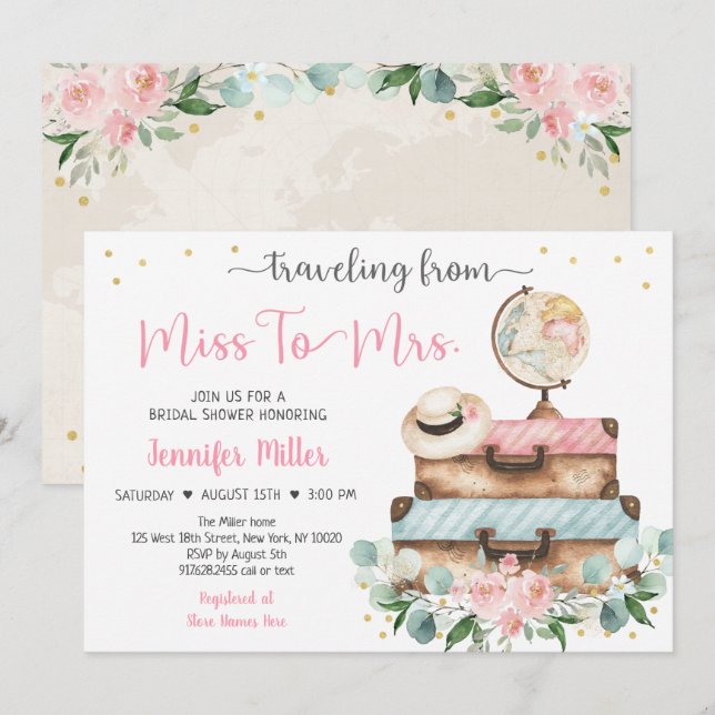 Von Miss zu Mrs. Pink Floral Travel Brautparty Einladung (Vorne/Hinten)