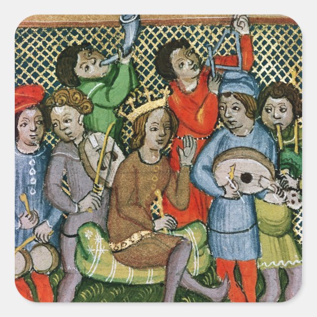 Von Musikern umgebene gekrönte Figur Quadratischer Aufkleber (Vorderseite)