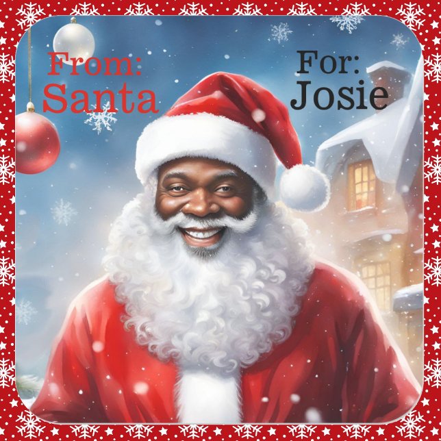 Von Santa Add Child's Name Afro American Quadratischer Aufkleber (Von Creator hochgeladen)