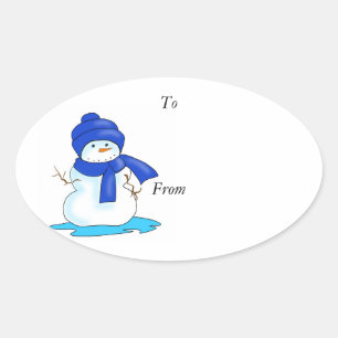 Von und zum Label mit Schneemann in blau Ovaler Aufkleber