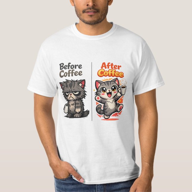 Vor dem Kaffee Grumpy Cat Nach dem Kaffee T-Shirt (Vorderseite)
