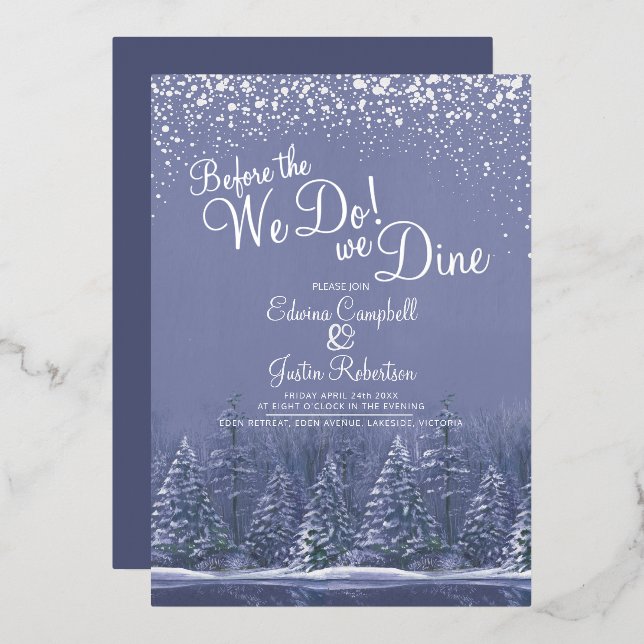 Vor dem Winter Hochzeitsbäume See blau Folieneinladung (Vorderseite/Rückseite)