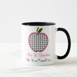 Vor k-Lehrer-Tasse - graues Rosa Gingham-Apples w Tasse