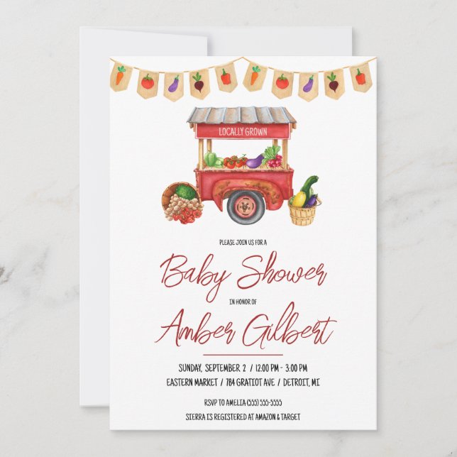 Vor Ort erbaut, Bauernmarkt-Babydusche Einladung (Vorderseite)