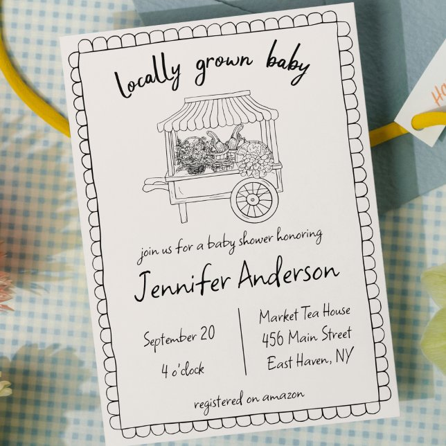 Vor Ort gebaute Baby-Handgezogene Babydusche Einladung (locally grown baby shower hand drawn farmers market cute scribble doodle home grown gender neutral )