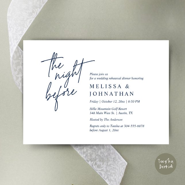 Vorabend, Modernes Hochzeitsessen Probe Einladung (The Night Before, Modern Wedding Rehearsal Dinner Modern Invitation Card, PDF, in Navy Blue)